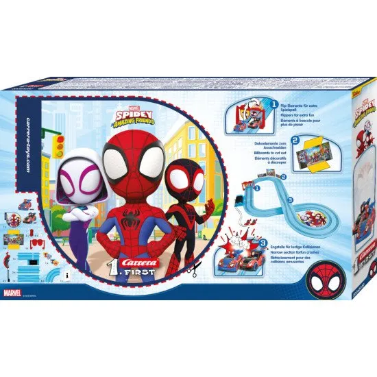 Autodráha Carrera FIRST Spidey Go Webs Go s autíčkami Spidey a Spin na 2,9 m dlhej dráhe.