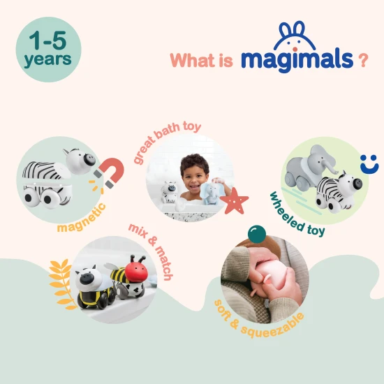 Magnetické zvieratká Magimals Wheely – hračka Zebra a Slon na kolieskach s magnetickými časťami