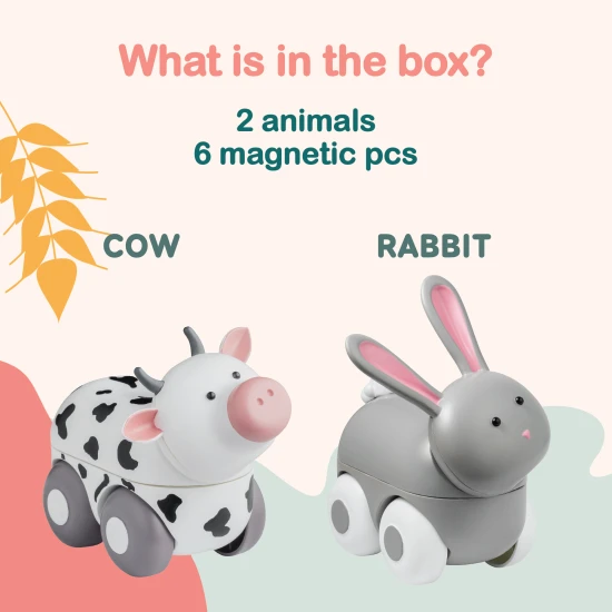 Magnetické zvieratká Magimals Wheely – hračka Zajac a Krava na kolieskach s magnetickými časťami