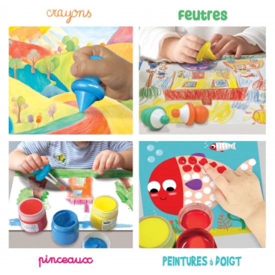 Detská umelecká súprava obsahujúca štetce, voskovky a fixky na maľovanie a kreslenie.