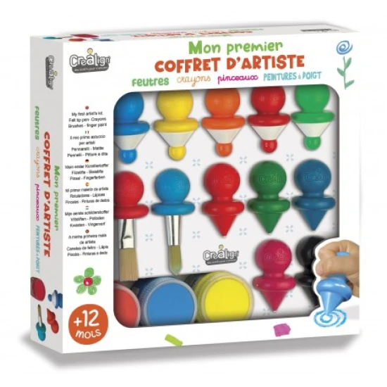 Detská umelecká súprava obsahujúca štetce, voskovky a fixky na maľovanie a kreslenie.