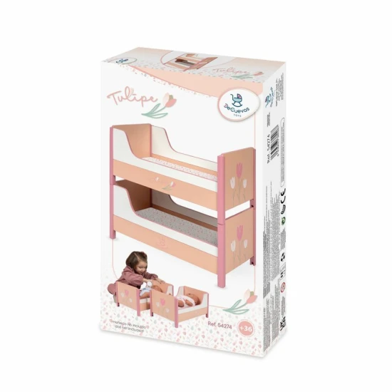 Drevená postieľka pre bábiky 2 v 1 Tulipe DeCuevas s pastelovými farbami a tulipánovým motívom