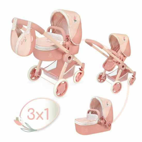 Sklápací kočík pre bábiky Tulipe 2025 s odnímateľnou taškou a kombinovanou funkciou 3 v 1.