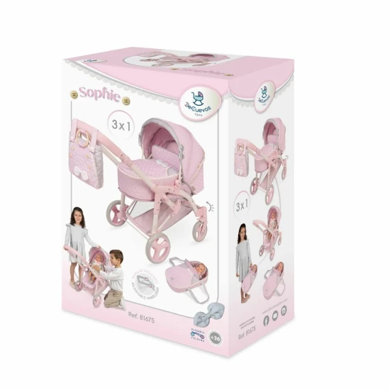 Sklápací kočiarik pre bábiky DeCuevas 81675 3 v 1 s prenosnou taškou z kolekcie Sophie 2025 v jemnom ružovom dizajne.