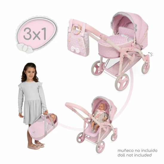 Sklápací kočiarik pre bábiky DeCuevas 81675 3 v 1 s prenosnou taškou z kolekcie Sophie 2025 v jemnom ružovom dizajne.