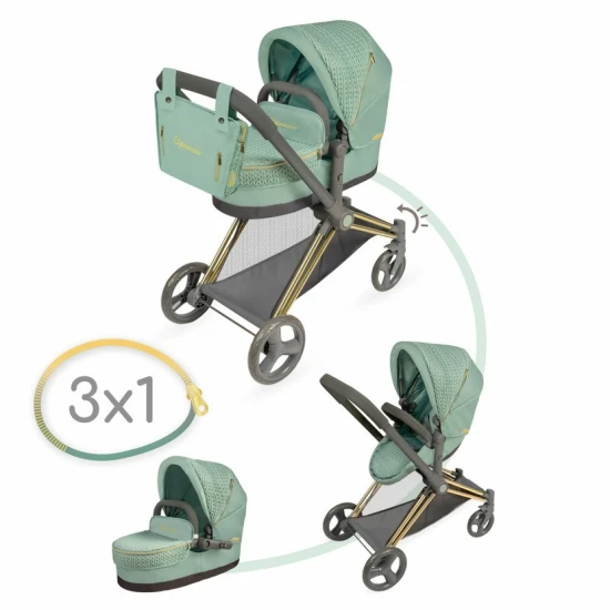 Skladací kočík pre bábiky DeCuevas 81773 Capriccio 2025 v mentolovo zelenej farbe s odnímateľnou korbičkou a taškou