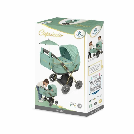 Skladací kočík pre bábiky DeCuevas Capriccio 2025 v mentolovej farbe so slnečníkom a taškou, výška 60 cm