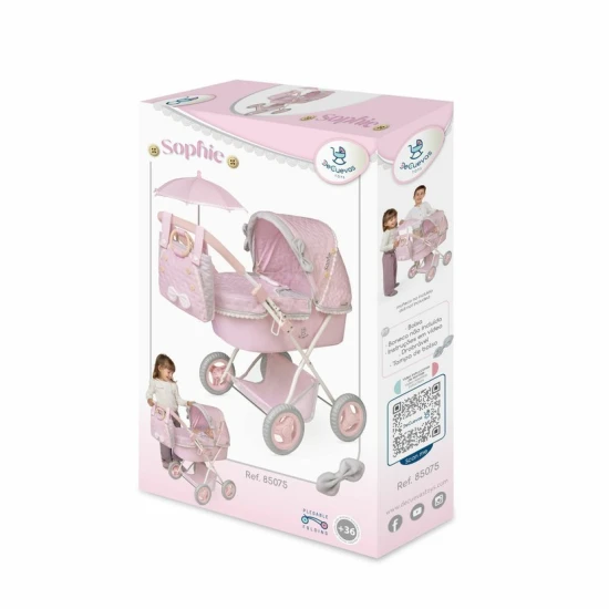 Sklápací kočiarik pre bábiky DeCuevas 85075 so slnečníkom a taškou z kolekcie Sophie 2025 v jemných pastelových farbách.