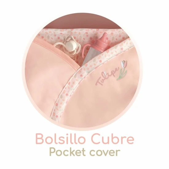 Kočík pre bábiky DeCuevas Tulipe 2025 v pastelových farbách s tulipánovým dizajnom, ideálny pre deti od 3 rokov.