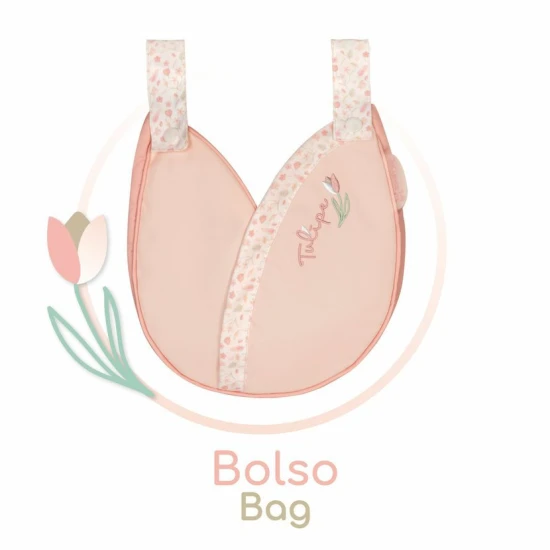 Kočík pre bábiky DeCuevas Tulipe 2025 v pastelových farbách s tulipánovým dizajnom, pružinami na houpanie a sklápateľnou boudičkou.