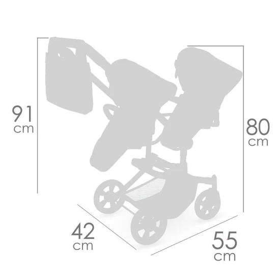 Skladací kočík pre dvojčatá bábiky DeCuevas 90875 z kolekcie Sophie 2025 s odnímateľnými korbičkami a nastaviteľnou rukoväťou v pastelových farbách.