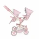 Skladací kočík pre dvojčatá bábiky DeCuevas 90875 z kolekcie Sophie 2025 s odnímateľnými korbičkami a nastaviteľnou rukoväťou v pastelových farbách.
