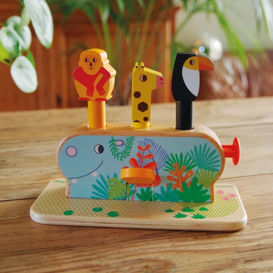 Drevená motorická hračka s 3 vyskakovacími zvieratkami Multi Pop Djeco