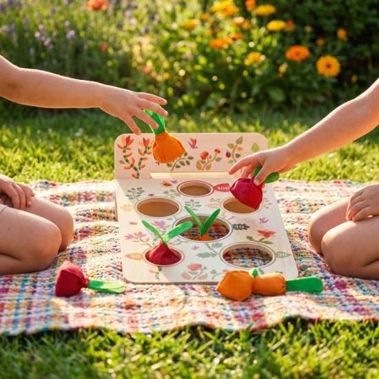 Zručnostná hra Djeco Garden Party – doska s otvormi a vrecúška