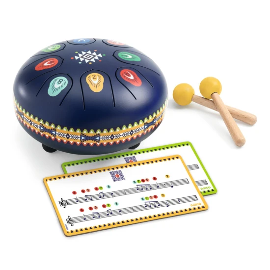 Animambo Kovový bubon Djeco s indiánskymi ilustráciami, 8 tónmi a drevenými paličkami pre deti od 5 rokov.