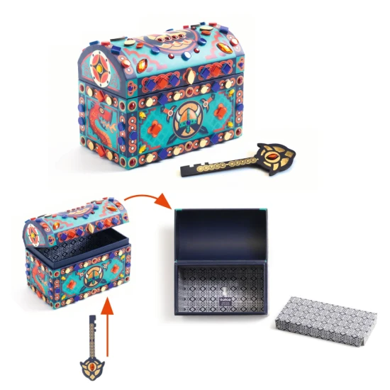 DIY truhlica super poklad pre deti – kreativna sada s mozaikovymi nalepkami, tajnym dnom a klucom od Djeco.