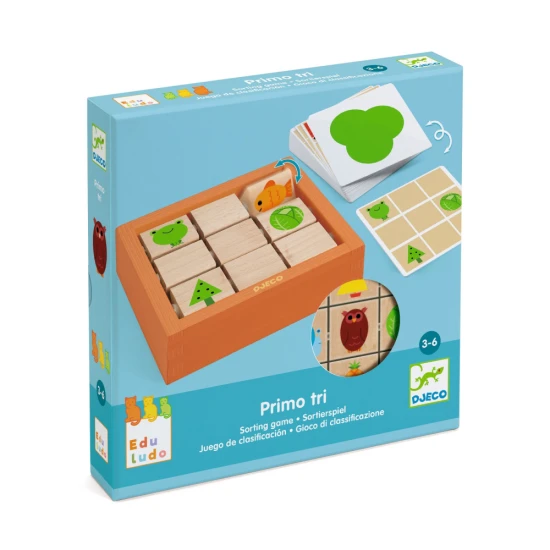Drevená vzdelávacia hra Primo Tri s otočnými hranolmi a kartičkami na triedenie