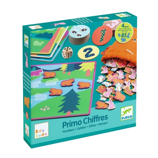 Eduludo 4 hry s číslami – DJECO, vzdelávacia hra pre deti s kartami a zvieratkami