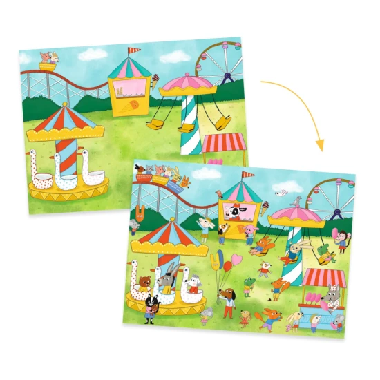 Tvorenie s obtlačkami Čas na párty Djeco – zábavná kreatívna aktivita pre deti s viac ako 100 obrázkami na prenos.