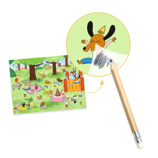 Tvorenie s obtlačkami Čas na párty Djeco – zábavná kreatívna aktivita pre deti s viac ako 100 obrázkami na prenos.