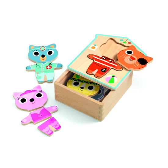 Poskladajte si milú mačičku.  Dieliky dreveného puzzle sú uložené v drevenej škatuli v tvare domčeka.