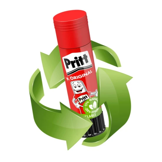 Pritt lepiaca tyčinka vyrobená z 97 % prírodných surovín, s dlhou trvanlivosťou a silnou priľnavosťou, vhodná na papier, kartón, textil a fotografie.