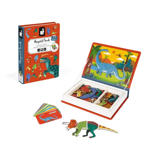 Magnetická kniha s dinosaurom a farebnými magnetkami pre deti.