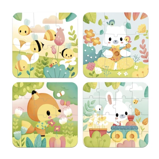 Puzzle v kufríku Zvieratká: 4 puzzle pre deti, ktoré rozvíjajú motoriku a logické myslenie.