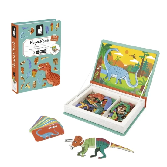 Magnetická kniha s dinosaurom a farebnými magnetkami pre deti.