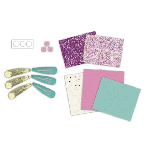 DIY kreatívna sada na výrobu vlasových sponiek s motívom mláďatiek – 6 ks, pre deti od 5 rokov.