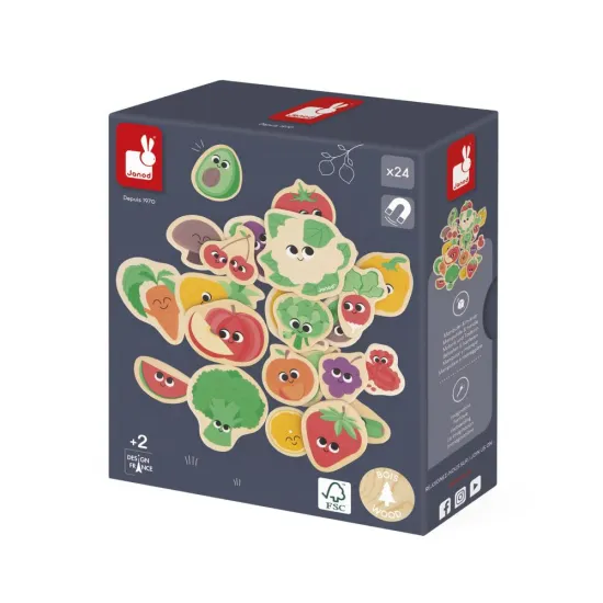 Drevené magnetky Ovocie a zelenina Janod – edukatívna hračka pre deti s farebnými magnetkami ovocia a zeleniny.