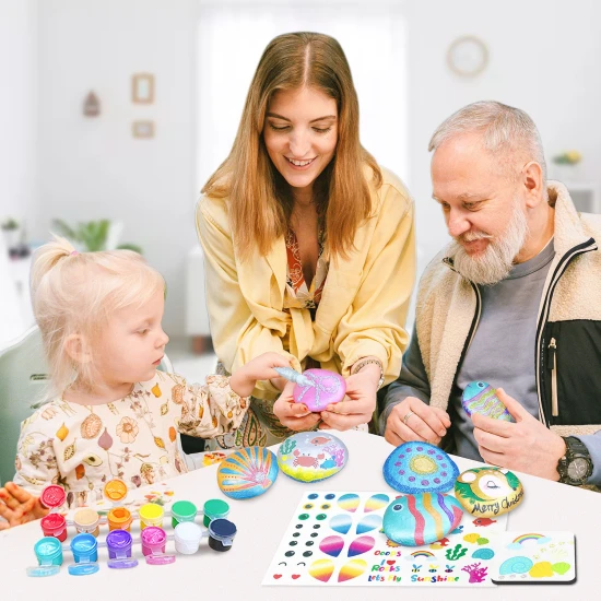 Jarmelo sada na maľovanie kameňov – kamienky, farby, glitre, štetce a nálepky v kreatívnej sade