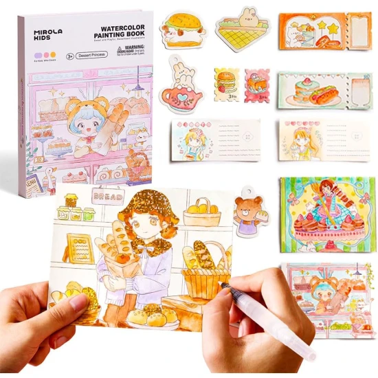 Jarmelo maľovanie vodou – Dessert Princess, kniha s 8 farbami, 2 štetcami a omaľovánkami plné princezien