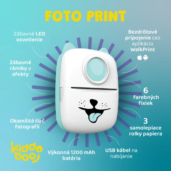 Detská prenosná tlačiareň Kiddoboo FotoPrint – biela tlačiareň s LED osvetlením, samolepiacim papierom a farebnými fixkami pre kreatívnu zábavu.