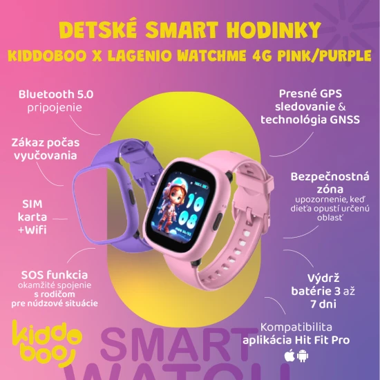 Detské smart hodinky Kiddoboo x Lagenio WatchMe 4G v ružovo-fialovej farbe s displejom, kamerou a SOS funkciou – bezpečný a hravý doplnok pre deti.