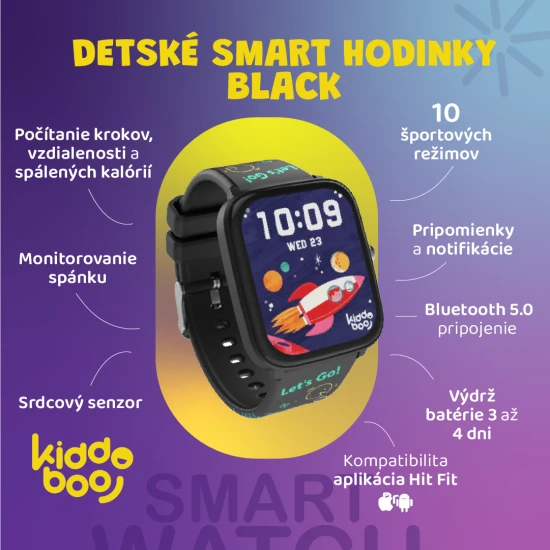 Čierne detské Kiddoboo smart hodinky Black s monitorovaním rôznych každodenných aktivít, farebným displejom a pohodlným remienkom.​