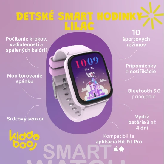 Fialové detské Kiddoboo smart hodinky Lilac s monitorovaním rôznych každodenných aktivít, farebným displejom a pohodlným remienkom.​