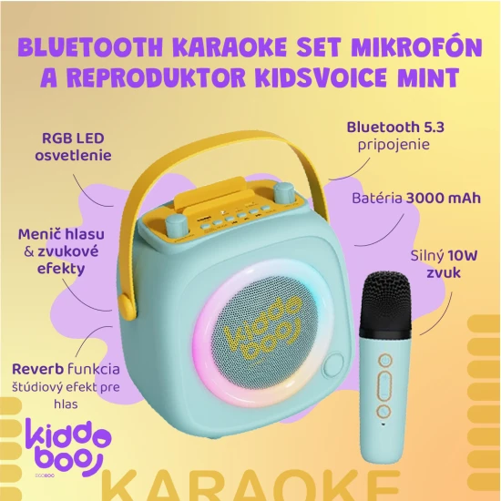Zelený detský Kiddoboo bluetooth karaoke set mikrofón a reproduktor KidsVoice Mint s RGB osvetlením a zábavnými efektmi pre deti od 3 rokov.