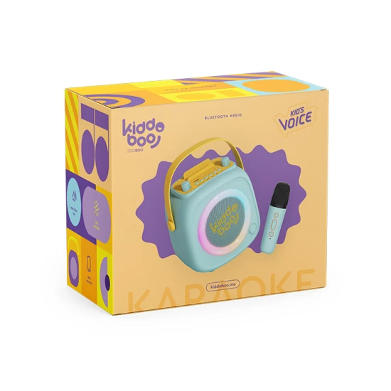 Zelený detský Kiddoboo bluetooth karaoke set mikrofón a reproduktor KidsVoice Mint s RGB osvetlením a zábavnými efektmi pre deti od 3 rokov.