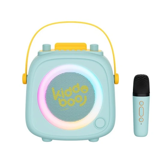 Zelený detský Kiddoboo bluetooth karaoke set mikrofón a reproduktor KidsVoice Mint s RGB osvetlením a zábavnými efektmi pre deti od 3 rokov.