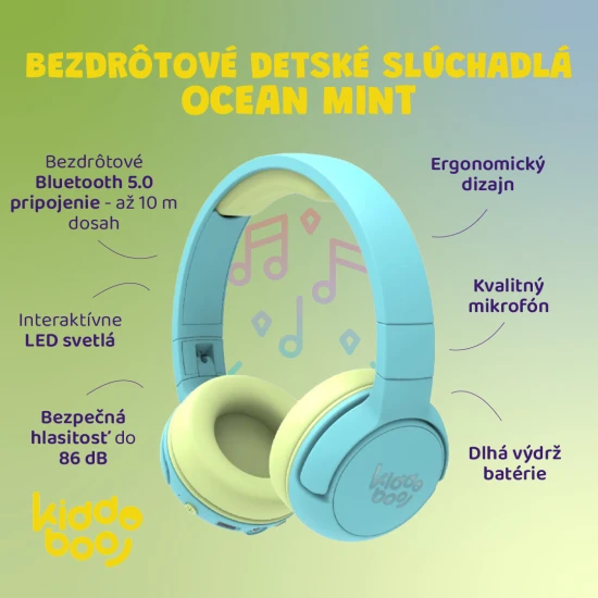 Detské bezdrôtové slúchadlá Kiddoboo Ocean Mint s LED svetlom a kvalitným zvukom – bezpečné a štýlové slúchadlá pre deti od 6 rokov.