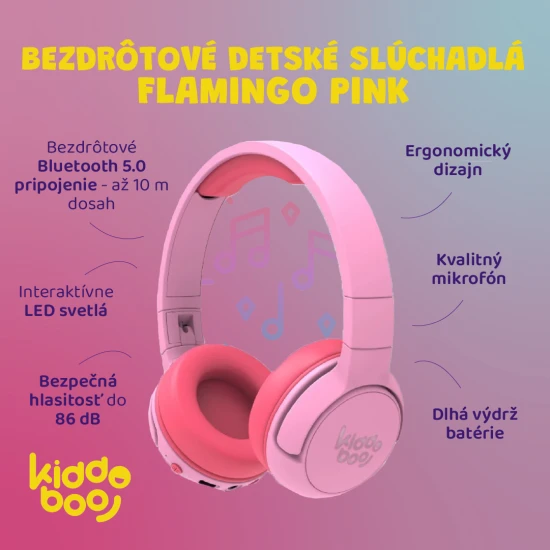 Detské bezdrôtové slúchadlá Kiddoboo Flamingo Pink s LED svetlom a kvalitným mikrofónom – bezpečné a štýlové slúchadlá pre deti od 6 rokov.
