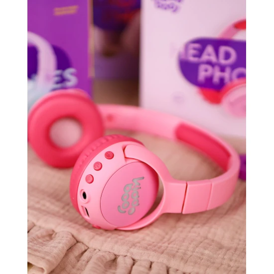 Detské bezdrôtové slúchadlá Kiddoboo Flamingo Pink s LED svetlom a kvalitným mikrofónom – bezpečné a štýlové slúchadlá pre deti od 6 rokov.