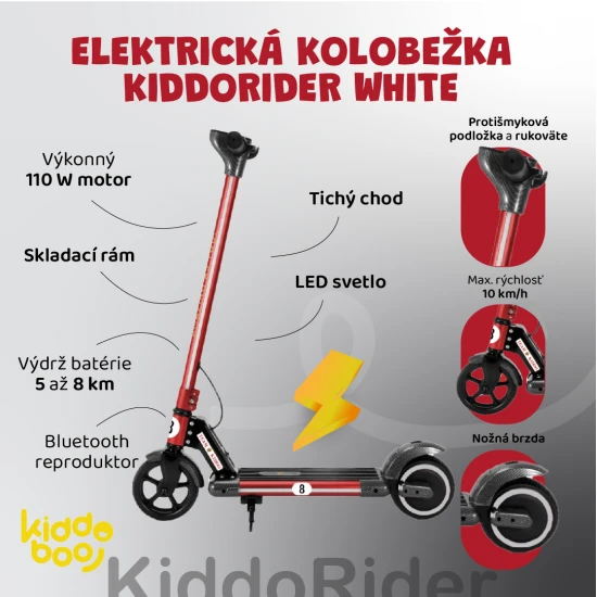 Červená detská elektrická kolobežka Kiddoboo KiddoRacer s protišmykovou podložkou, LED svetlom a skladacím rámom – ideálna pre deti od 6 rokov.