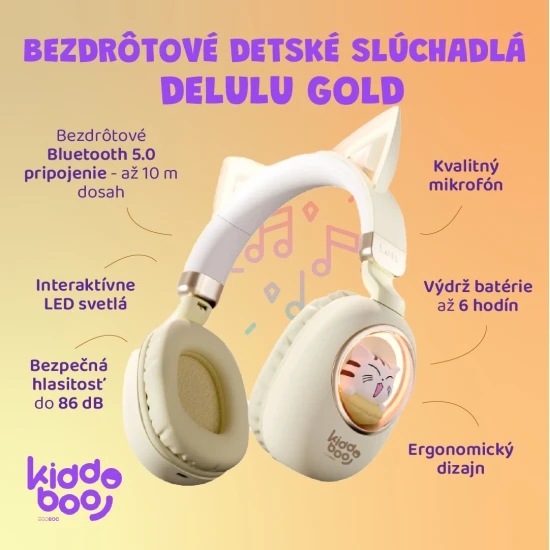 Detské bezdrôtové slúchadlá Kiddoboo Delulu Gold s LED svetlom a mačacími uškami – bezpečné a štýlové slúchadlá pre deti od 7 rokov.