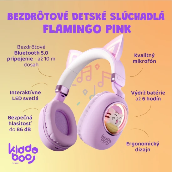 Detské bezdrôtové slúchadlá Kiddoboo Delulu Lavender s LED svetlom a mačacími uškami – bezpečné a štýlové slúchadlá pre deti od 7 rokov.