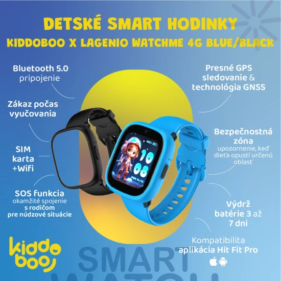 Detské smart hodinky Kiddoboo x Lagenio WatchMe 4G v modro-čiernej farbe s displejom, kamerou a SOS funkciou – bezpečný a hravý doplnok pre deti.