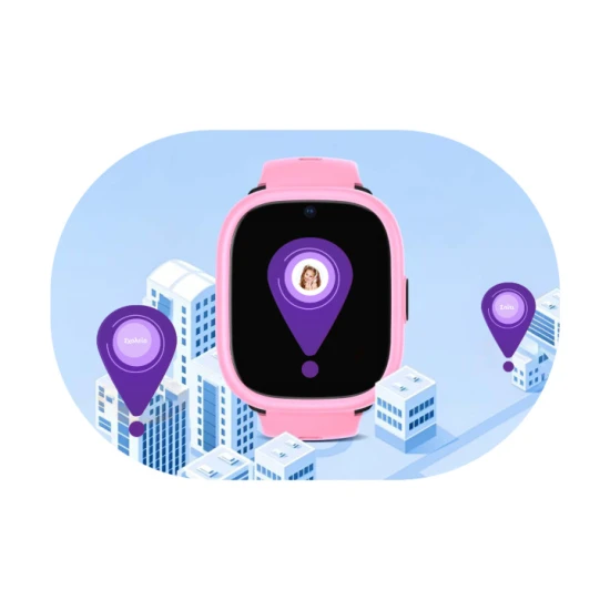 Detské smart hodinky Kiddoboo x Lagenio WatchMe 4G v ružovo-fialovej farbe s displejom, kamerou a SOS funkciou – bezpečný a hravý doplnok pre deti.