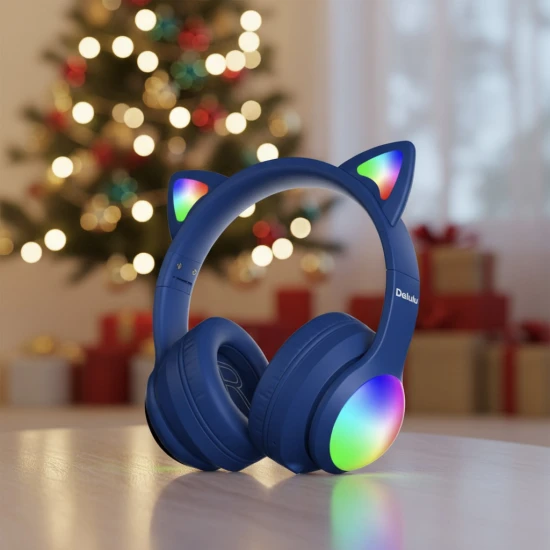 Detské bezdrôtové slúchadlá Kiddoboo Delulu Disco Pink s LED svetlom a mačacími uškami – bezpečné a štýlové slúchadlá pre deti od 7 rokov.