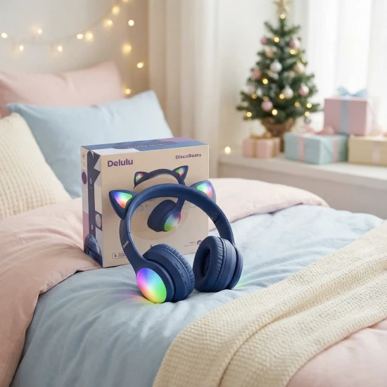 Detské bezdrôtové slúchadlá Kiddoboo Delulu Disco Pink s LED svetlom a mačacími uškami – bezpečné a štýlové slúchadlá pre deti od 7 rokov.